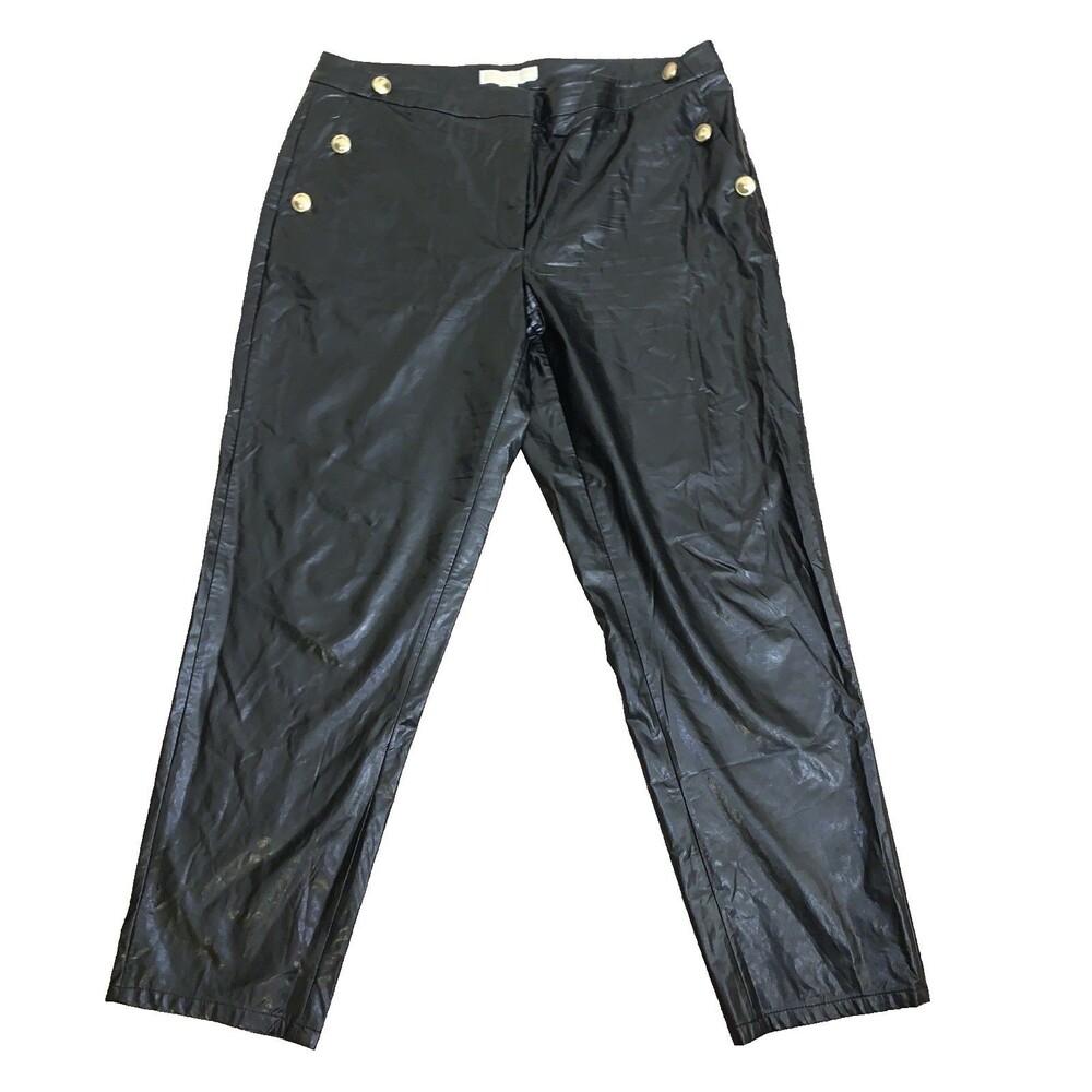 Michael Kors Faux Leather PULL ON Pants Large Black Gold Logo Wet Look Size 12